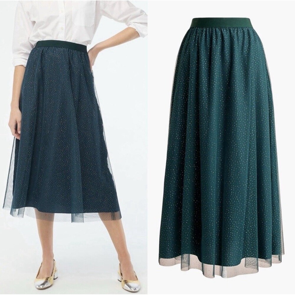 New J. CREW Forest Green Sparkle Tulle Midi Skirt Pull On Elastic Waist Size M